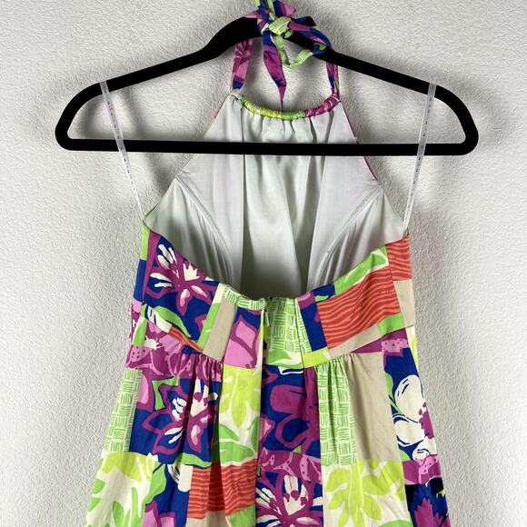Lilly Pulitzer Brighton Patchwork Print Halter Dress Womens 2 Green Pink Pom - Picture 10 of 13